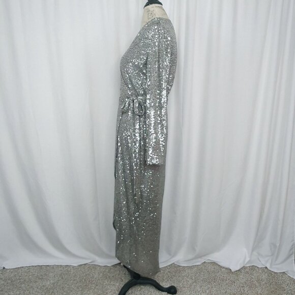 Halston Silver Sequin Dress 6 Small Wrap Midi - Picture 12 of 15